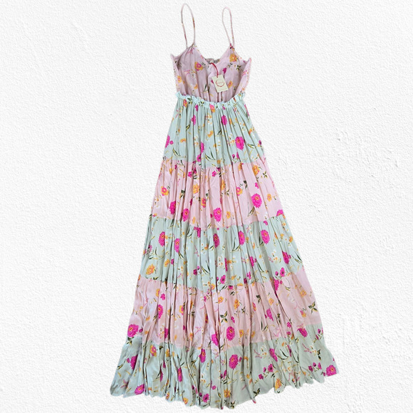 Raga Pink Mint Floral Tiered Maxi Dress Boho Festival Smocked Back Size XS NWT - Picture 2 of 14